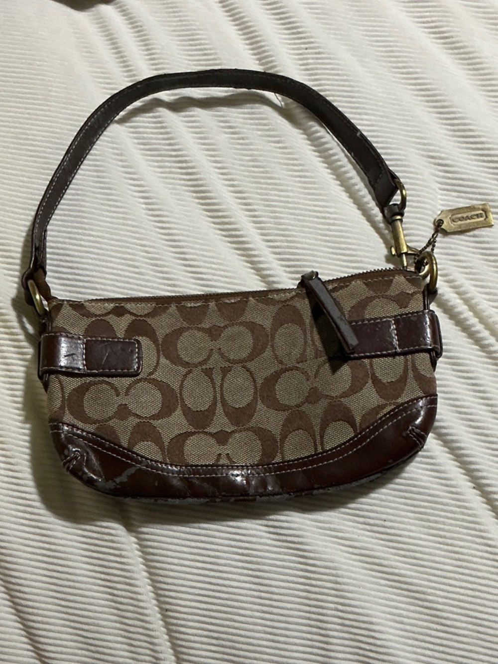 Coach Brown Signature Canvas Mini Bag with Dark Brown Leather Trim
